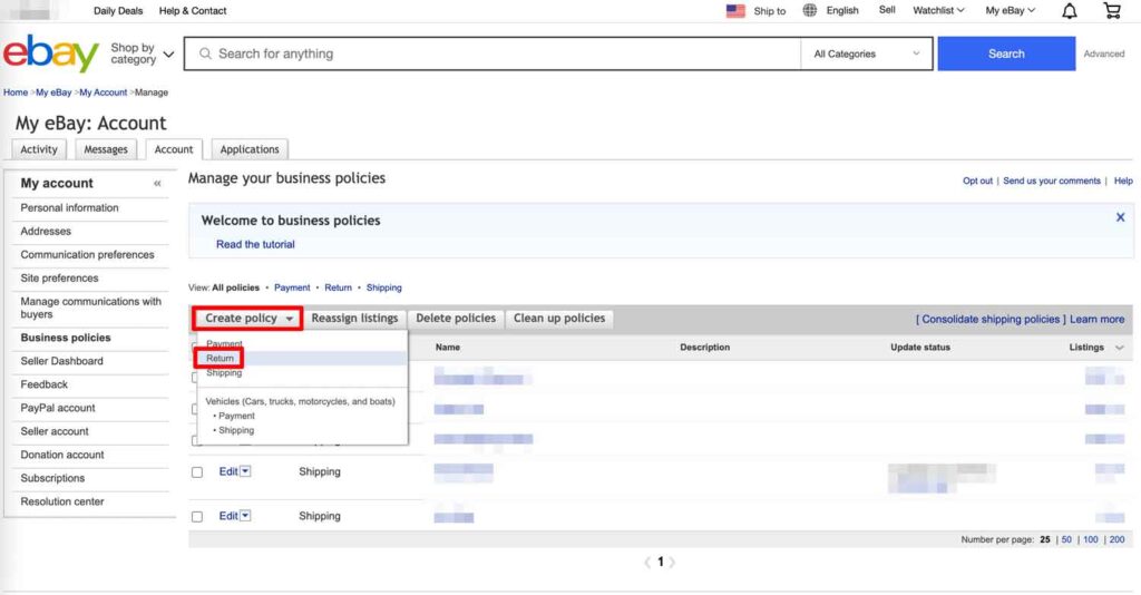 eBayのビジネスポリシーReturnの設定管理画面の画像