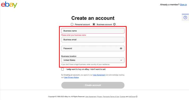 eBayビジネスアカウントの作成画面の画像