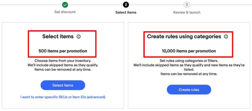 eBayでセール設定するアイテムを選択する画面