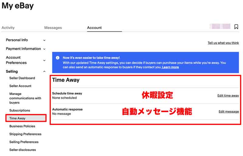 eBayのTime Awayを設定する画面