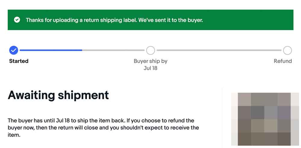 eBayのリターンリクエストの返品画面