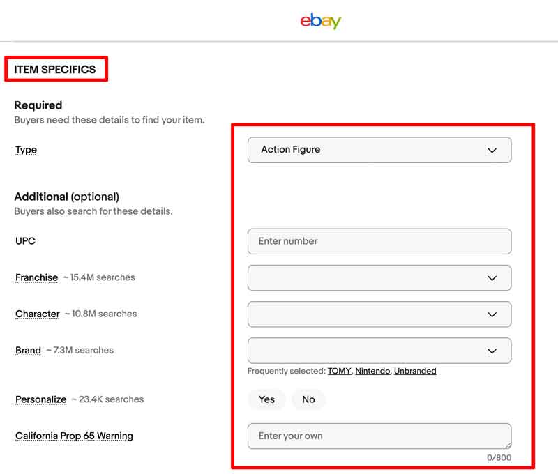 eBayの出品でITEM SPECIFICSを登録する方法を解説します。